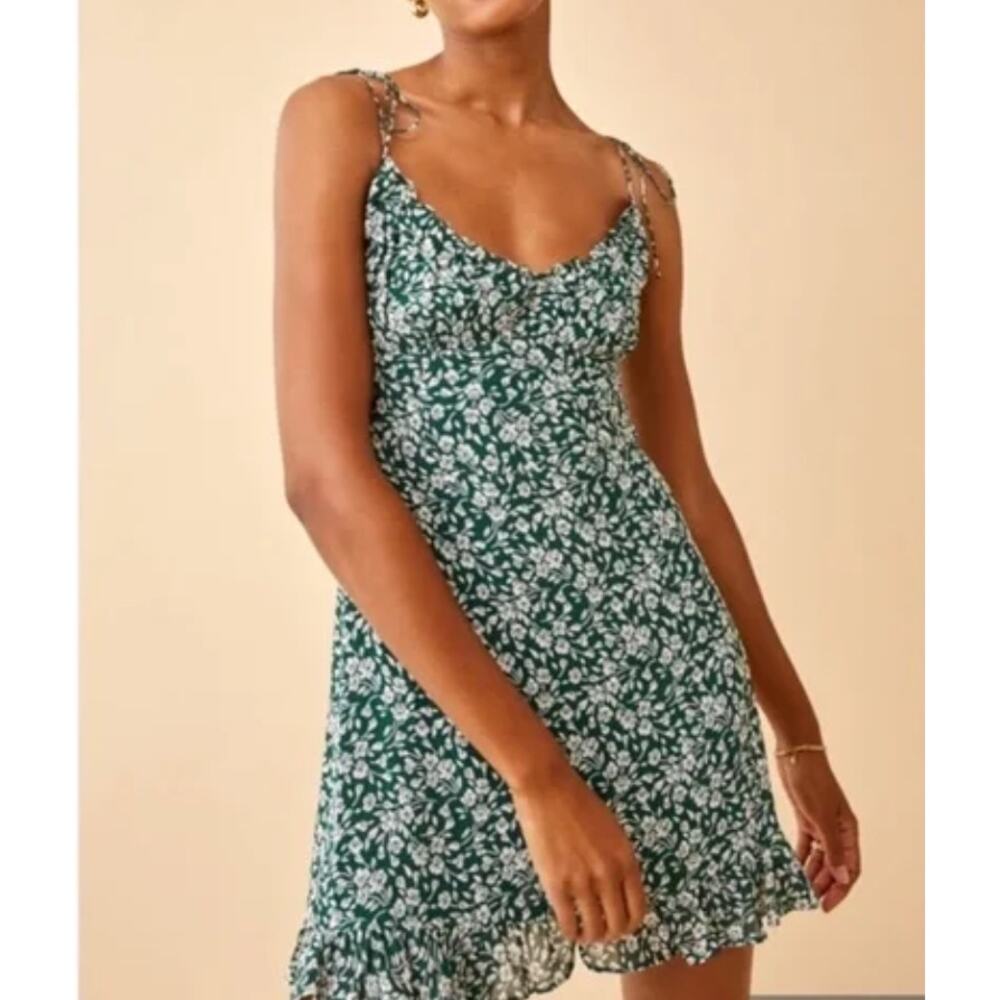 Reformation Esther Green Floral Mini Dress Ruffle Scoop Neck Adjustable Straps 0